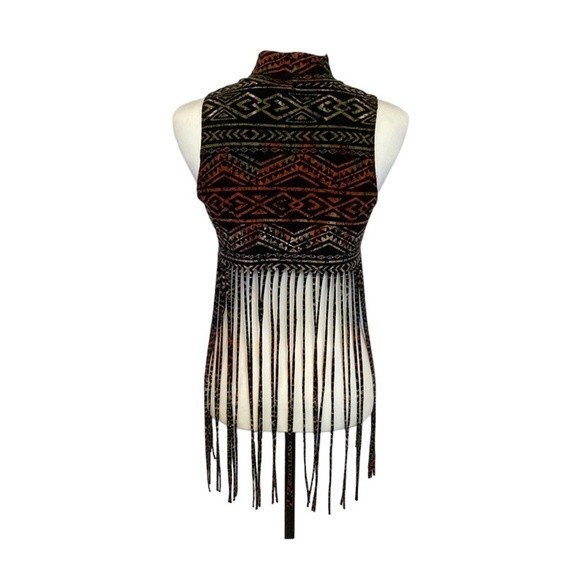 Vintage mock neck fringed cami-tank. Black, rust and khaki green. Funky-sexy! - Picture 2 of 5